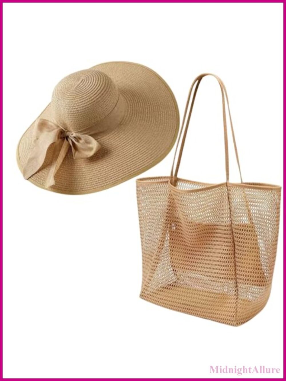 Straw Beach Bag and Hat Set Foldable Tote Wide Brim Sun Hat
